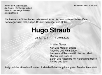 Traueranzeige von Hugo Straub von Haller Tagblatt