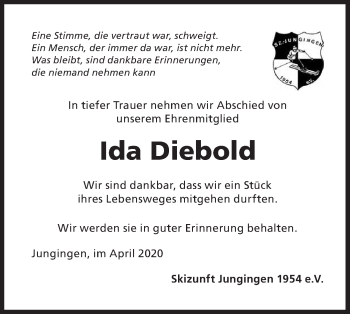 Traueranzeige von Ida Diebold von Hohenzollerische Zeitung