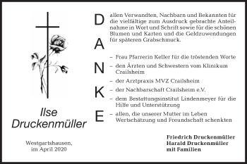 Traueranzeige von Ilse Druckenmüller von Hohenloher Tagblatt