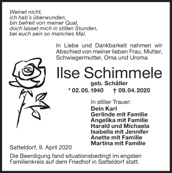 Traueranzeige von Ilse Schimmele von Hohenloher Tagblatt