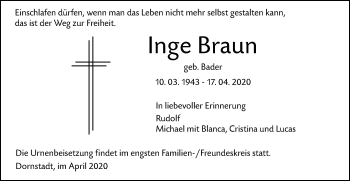 Traueranzeige von Inge Braun von SÜDWEST PRESSE Ausgabe Ulm/Neu-Ulm