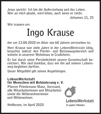Traueranzeige von Ingo Krause von Hohenloher Tagblatt