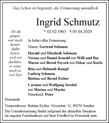 Traueranzeige von Ingrid Schmutz von SÜDWEST PRESSE Ausgabe Ulm/Neu-Ulm