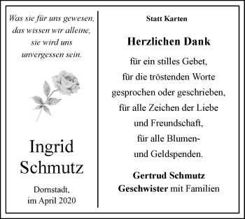 Traueranzeige von Ingrid Schmutz von SÜDWEST PRESSE Ausgabe Ulm/Neu-Ulm