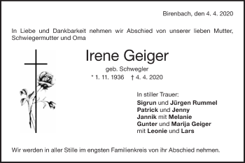 Traueranzeige von Irene Geiger von NWZ Neue Württembergische Zeitung