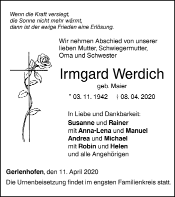 Traueranzeige von Irmgard Werdich von SÜDWEST PRESSE Ausgabe Ulm/Neu-Ulm