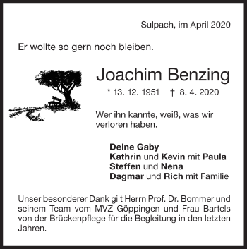 Traueranzeige von Joachim Benzing von NWZ Neue Württembergische Zeitung