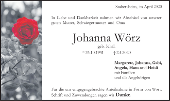 Traueranzeige von Johanna Wörz von Geislinger Zeitung