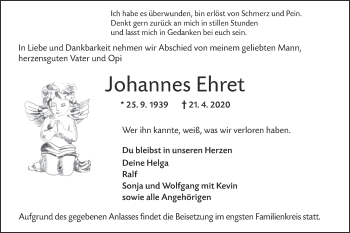 Traueranzeige von Johannes Ehret von SÜDWEST PRESSE Ausgabe Ulm/Neu-Ulm