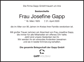 Traueranzeige von Josefine Gapp von Ehinger Tagblatt