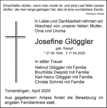 Traueranzeige von Josefine Glöggler von SÜDWEST PRESSE Ausgabe Ulm/Neu-Ulm