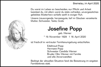 Traueranzeige von Josefine Popp von Alb-Bote/Metzinger-Uracher Volksblatt