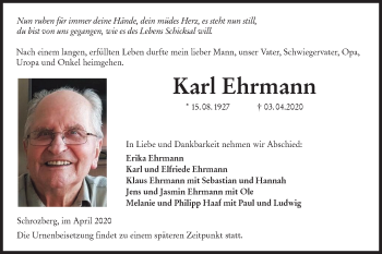 Traueranzeige von Karl Ehrmann von Hohenloher Tagblatt