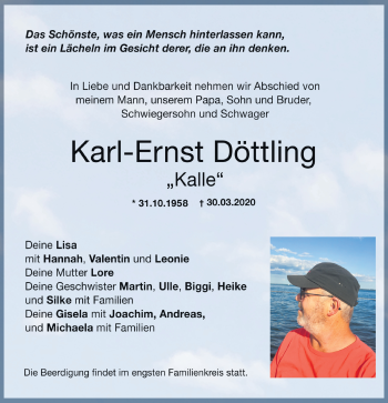 Traueranzeige von Karl-Ernst Döttling von Hohenzollerische Zeitung