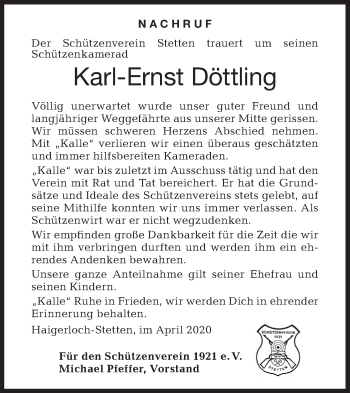 Traueranzeige von Karl-Ernst Döttling von Hohenzollerische Zeitung