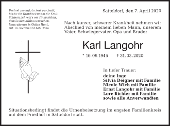 Traueranzeige von Karl Langohr von Hohenloher Tagblatt