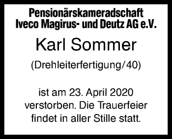 Traueranzeige von Karl Sommer von SÜDWEST PRESSE Ausgabe Ulm/Neu-Ulm