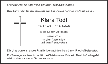 Traueranzeige von Klara Todt von SÜDWEST PRESSE Ausgabe Ulm/Neu-Ulm