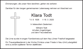 Traueranzeige von Klara Todt von SÜDWEST PRESSE Ausgabe Ulm/Neu-Ulm