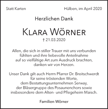 Traueranzeige von Klara Wörner von Metzinger-Uracher Volksblatt