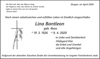 Traueranzeige von Lina Bantleon von Geislinger Zeitung