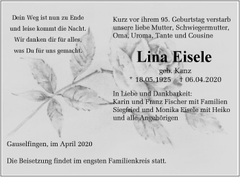 Traueranzeige von Lina Eisele von Hohenzollerische Zeitung