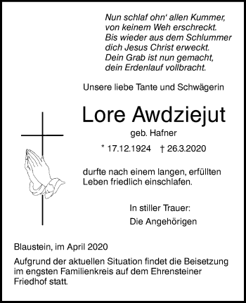 Traueranzeige von Lore Awdziejut von SÜDWEST PRESSE Ausgabe Ulm/Neu-Ulm