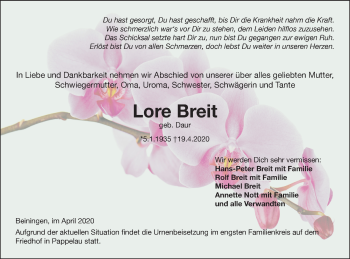 Traueranzeige von Lore Breit von SÜDWEST PRESSE Ausgabe Ulm/Neu-Ulm