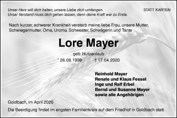 Traueranzeige von Lore Mayer von Hohenloher Tagblatt