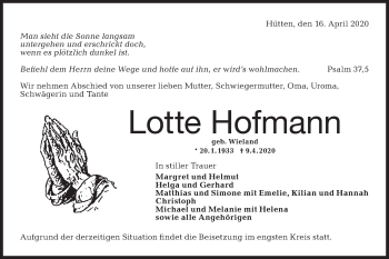 Traueranzeige von Lotte Hofmann von Haller Tagblatt