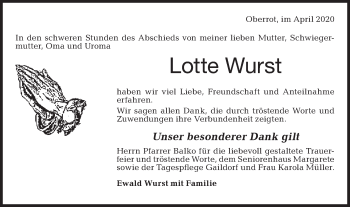 Traueranzeige von Lotte Wurst von Rundschau Gaildorf