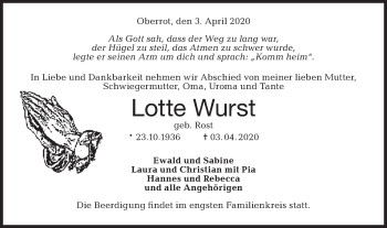 Traueranzeige von Lotte Wurst von Rundschau Gaildorf