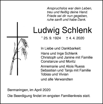 Traueranzeige von Ludwig Schlenk von SÜDWEST PRESSE Ausgabe Ulm/Neu-Ulm