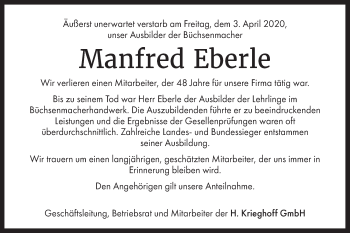 Traueranzeige von Manfred Eberle von SÜDWEST PRESSE Ausgabe Ulm/Neu-Ulm