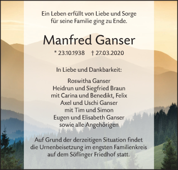 Traueranzeige von Manfred Ganser von SÜDWEST PRESSE Ausgabe Ulm/Neu-Ulm