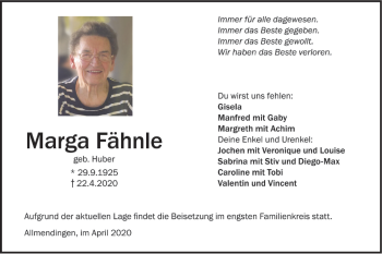 Traueranzeige von Marga Fähnle von Ehinger Tagblatt