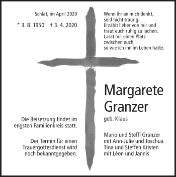 Traueranzeige von Margarete Granzer von NWZ Neue Württembergische Zeitung