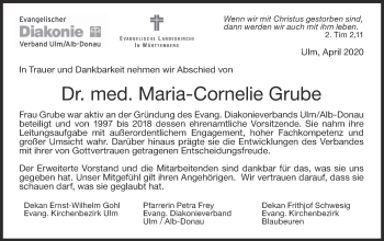 Traueranzeige von Maria-Cornelie Grube von SÜDWEST PRESSE Ausgabe Ulm/Neu-Ulm