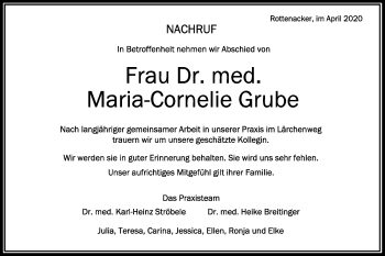 Traueranzeige von Maria-Cornelie Grube von Ehinger Tagblatt