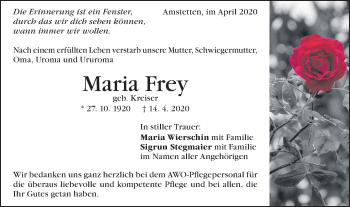 Traueranzeige von Maria Frey von Geislinger Zeitung