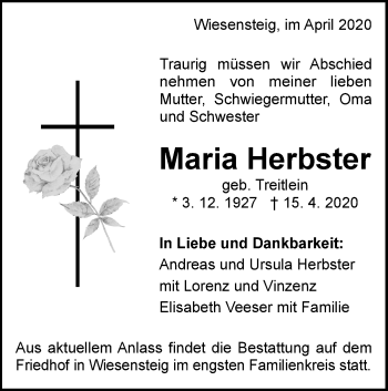 Traueranzeige von Maria Herbster von Geislinger Zeitung