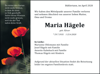 Traueranzeige von Maria Hägele von Haller Tagblatt