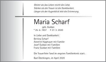 Traueranzeige von Maria Scharf von Geislinger Zeitung