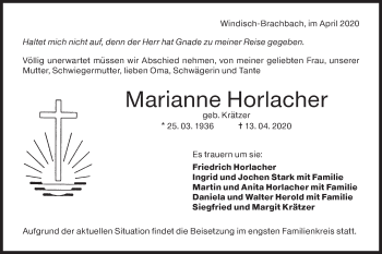 Traueranzeige von Marianne Horlacher von Haller Tagblatt