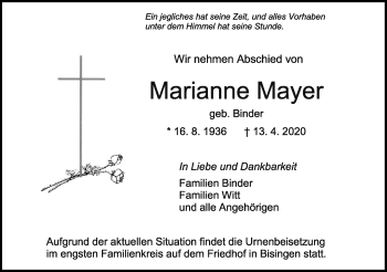 Traueranzeige von Marianne Mayer von Hohenzollerische Zeitung