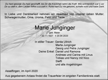 Traueranzeige von Marie Junginger von SÜDWEST PRESSE Ausgabe Ulm/Neu-Ulm