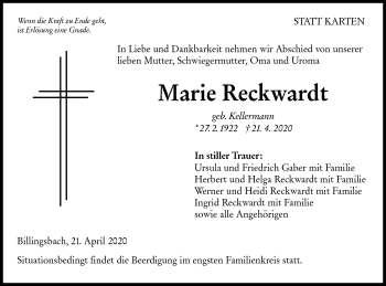 Traueranzeige von Marie Reckwardt von Hohenloher Tagblatt