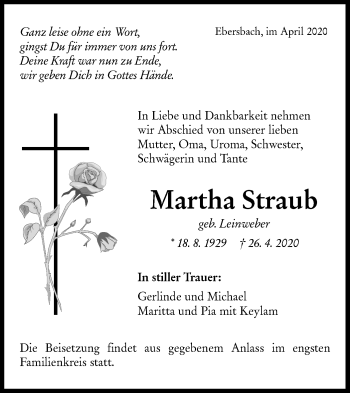 Traueranzeige von Martha Straub von NWZ Neue Württembergische Zeitung