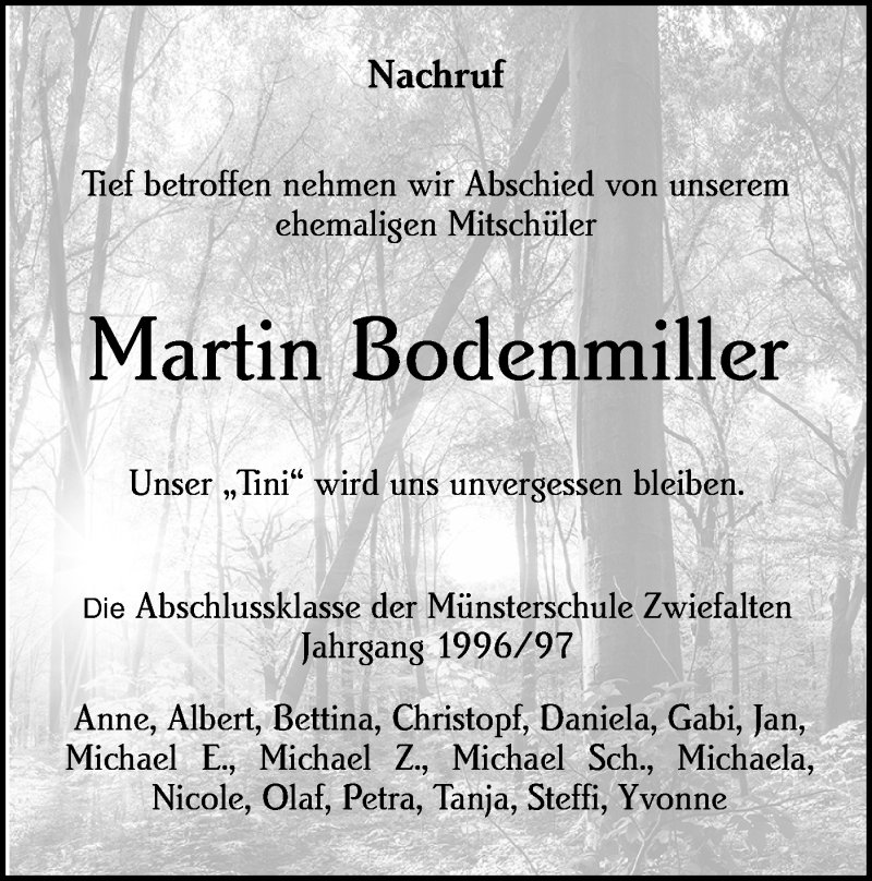  Traueranzeige für Martin Bodenmiller vom 15.04.2020 aus Alb-Bote/Metzinger-Uracher Volksblatt