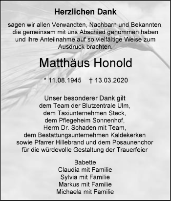 Traueranzeige von Matthäus Honold von SÜDWEST PRESSE Ausgabe Ulm/Neu-Ulm